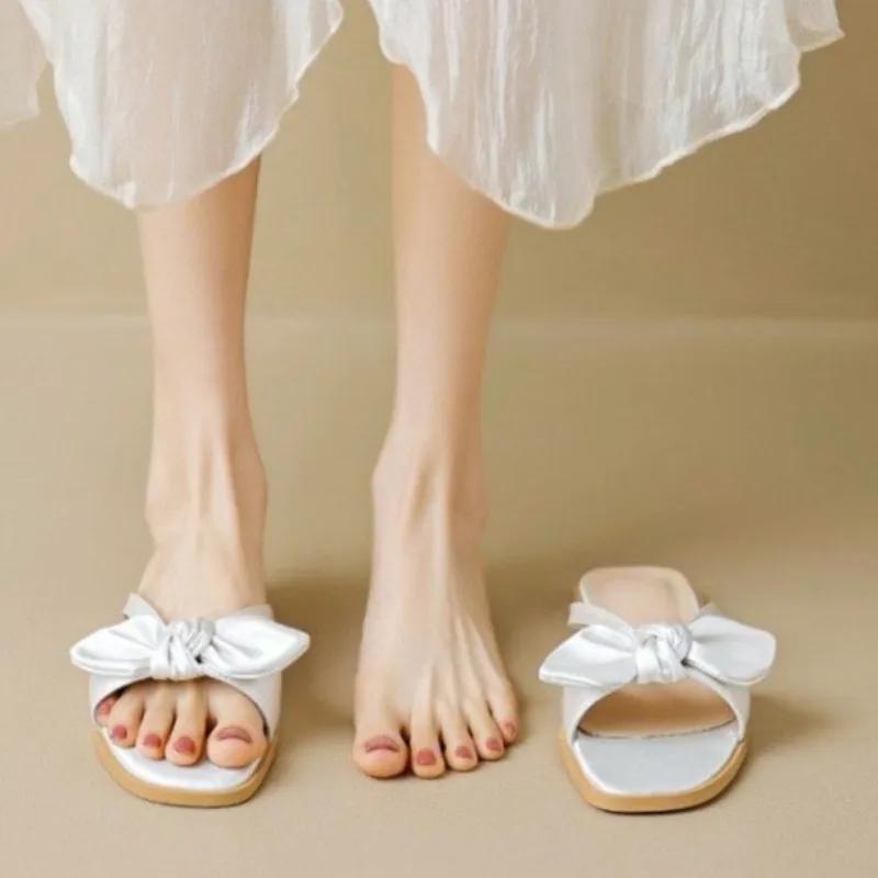 Lightweight Square Toe Flip Flops Summer New Open Toe Bow Thin Strap Soft Sole Non-slip Wear-resistant Flat Slippers