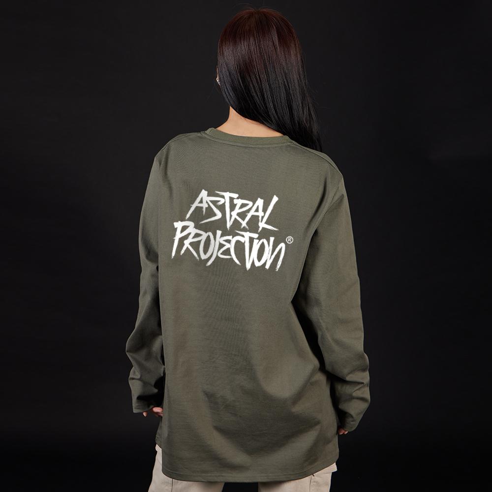 ASTRAL PROJECTION Graffiti Lettering Oversized Long Sleeve T-Shirt_Khaki