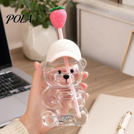 Removable Straw Heads Cute Bear Glass Cup with & Lid, 500/591ml Plastic/Glass Water Bottle for Cold/Hot Drinks, Pattern Coffee Mug Adults, Home Office