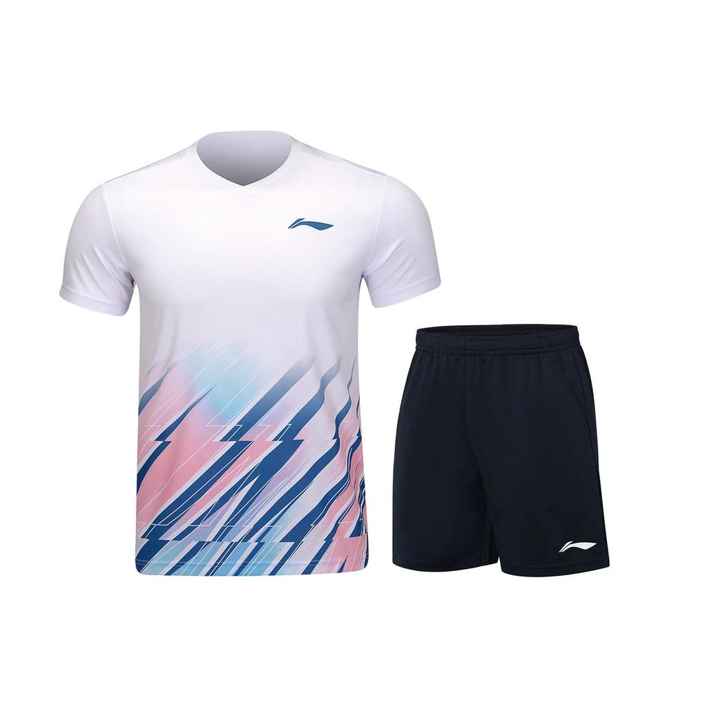 Li-Ning Club Series Quick-Dry Breathable Round Neck Short Sleeve Mid-Waist Elastic Five-Point Shorts Casual Sports Set Men sets AATU031-2
