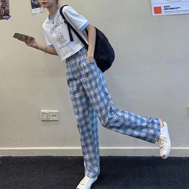 Pantalon Long à carreaux pour femmes, Simple, Vintage, décontracté, mode de rue, jambes droites et larges, été