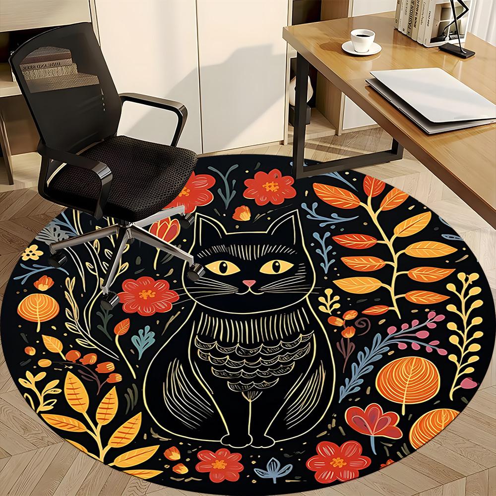 1pc Cat Flowers Office Round Area Rug, Under Office Chairs Bedroom Living Room Home Decor, Room Deco