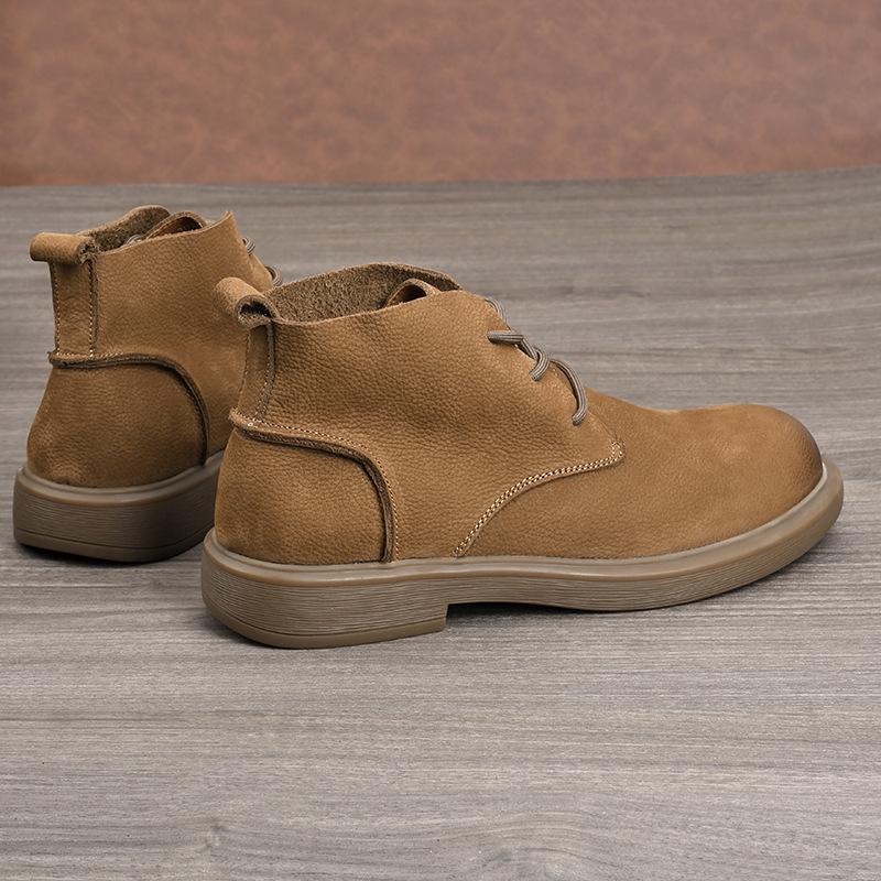 Autumn Men's Wide-Toe Casual Leather Martin Boots - Retro Lace-Up Mid-Top Cotton Shoes
