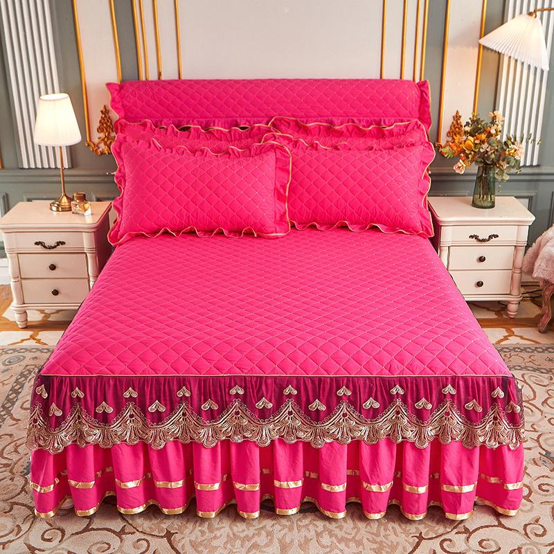 European solid color washed padded bed skirt four-piece set lace lace princess wind bed cover non-slip fixed Nordic