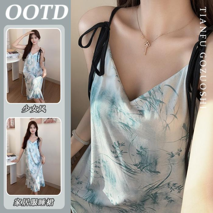 

[With chest pad] Pure desire girl national style nightdress summer women s pajamas new short-sleeved loungewear XXL