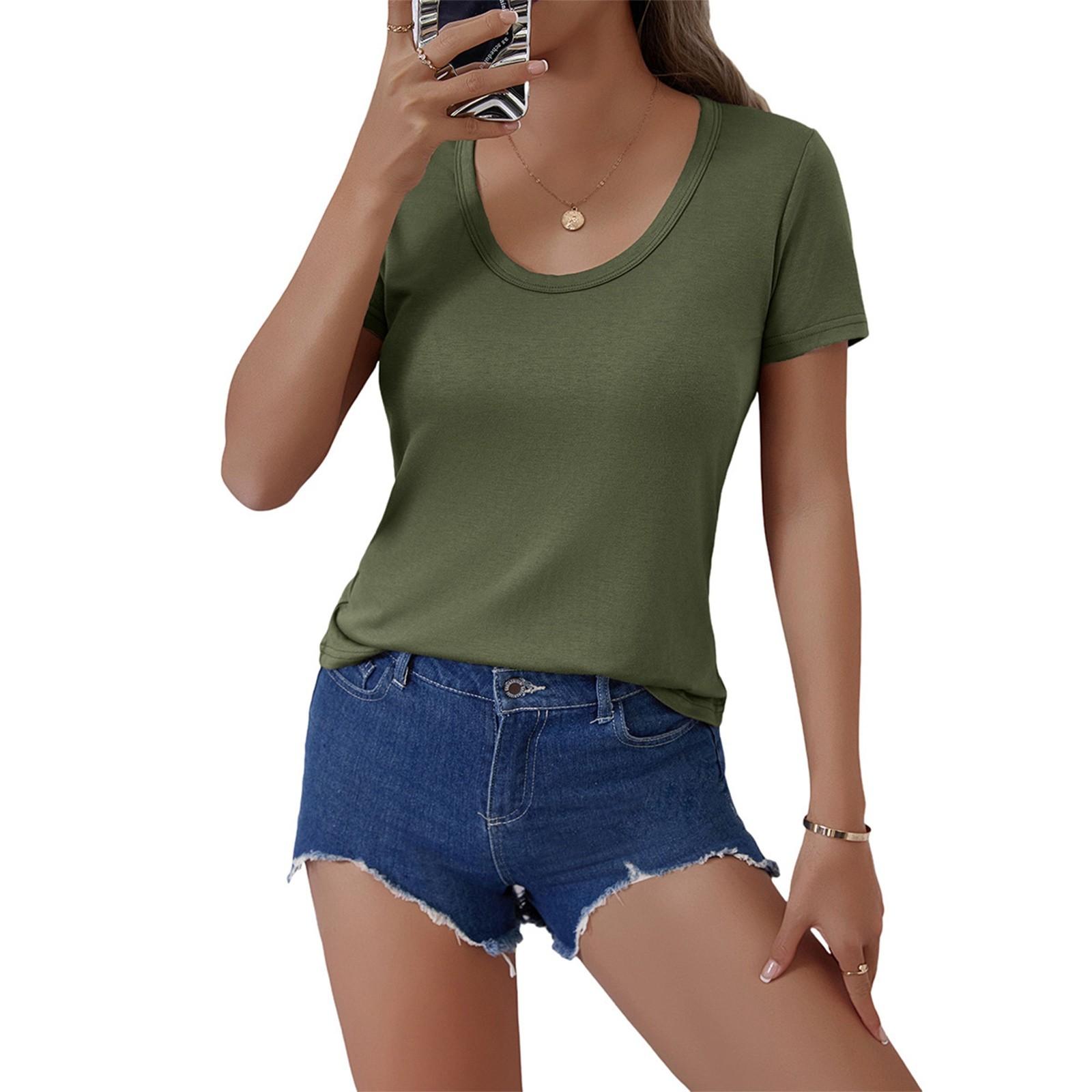 

Женская мода однотонный U-образный вырез с короткими рукавами пуловер повседневная футболка топ L армия зеленый