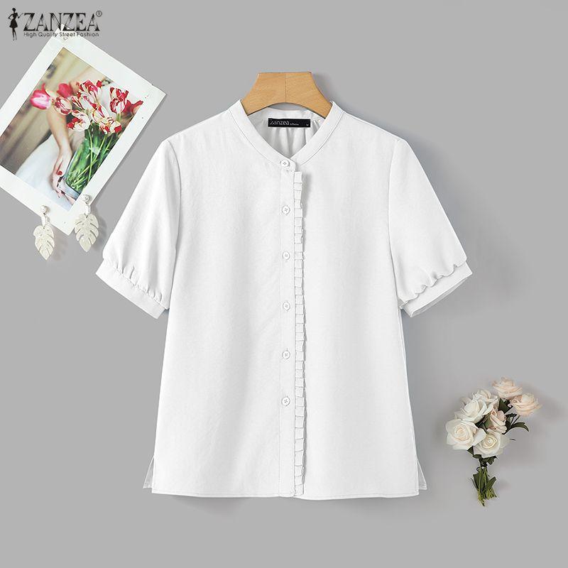 ZANZEA Damen Freizeit Rundhals Einfarbig Kurzarm Bluse