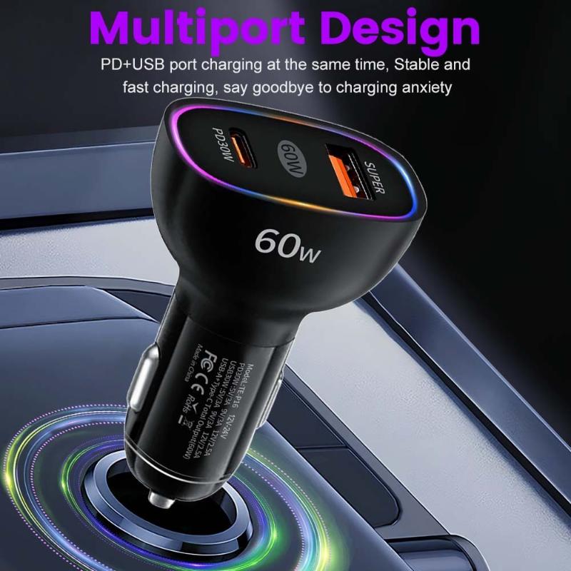 Car Charger 60W Usb C Fast Charger Pd30W Qc3.0 Dual Port Adapter Quick Charge 3A For Mobile Phones Tablets