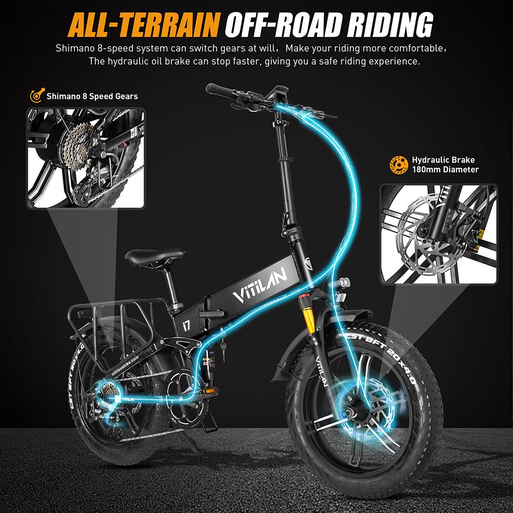 Electric Bicycle Vitilan 20" 750W Motor City Ebike 48V 20AH Max Range 7 Speed Load 150Kg Hydraulic Brakes I7 Pro