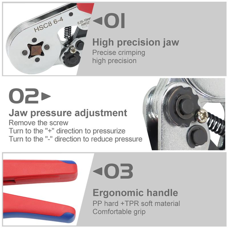 Square Self-Adjustable Crimping Tools for AWG23-7 Bootlace End-Sleeves Ferrule, Ratcheting Wire Crimping Plier,HSC8 6-4