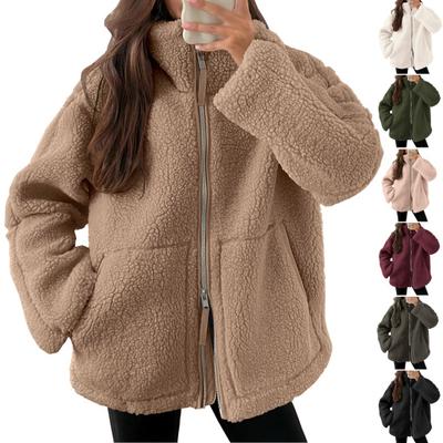 Women Winter Woolen Coat Turn-down Collar with Pockets Loose Pure Color Thermal Zipper Closure Long Sleeves Jacket for School Dating Commuting