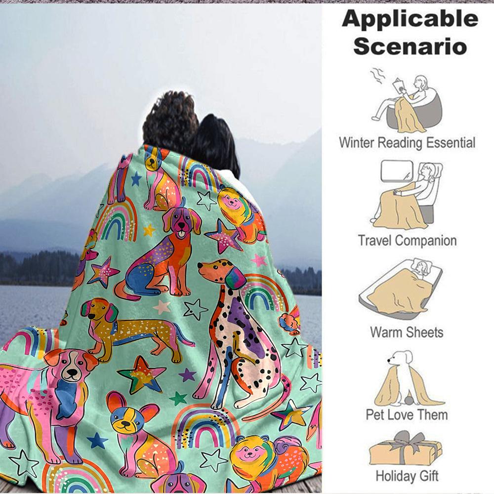 1pc Dogs Rainbows Print Blanket Lightweight Flannel Throw Blanket For Sofa, Bed, Living Room, Office, Outdoor Travel, Camping