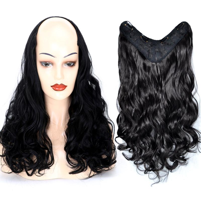 Clip In Hair Extension One Piece With 4 Clips V-Shap 50cm Long Wavy Curly Synthetic Hairpiece For Women Black Brown