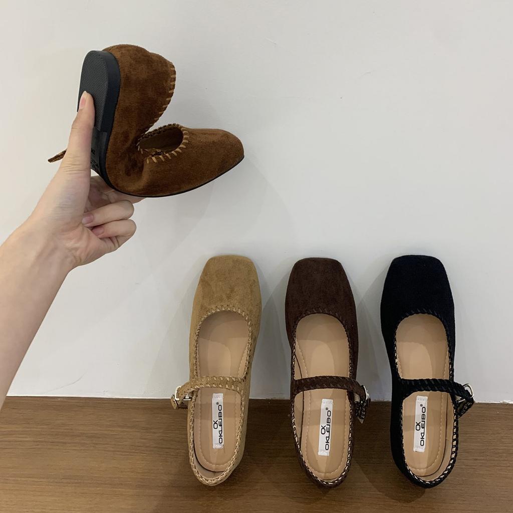 French Suede Ballet Flats Women's 2025 Spring and Autumn New Retro Square Head Casual Flat Mary Jane Single Shoes