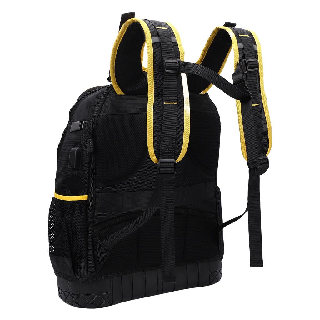 Werkzeugrucksack Mehrere Taschen Gepolstertes Laptopfach Oxford-Gewebe Harter Boden Werkzeugtasche mit Beutel Typ-C-Kabel