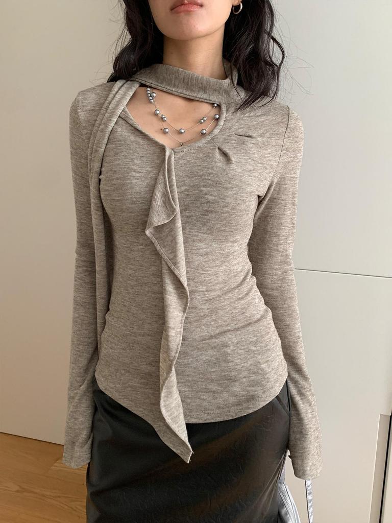 LOOPIN Spring Asymmetrical Textured Ruffled Knit T-shirt for Women