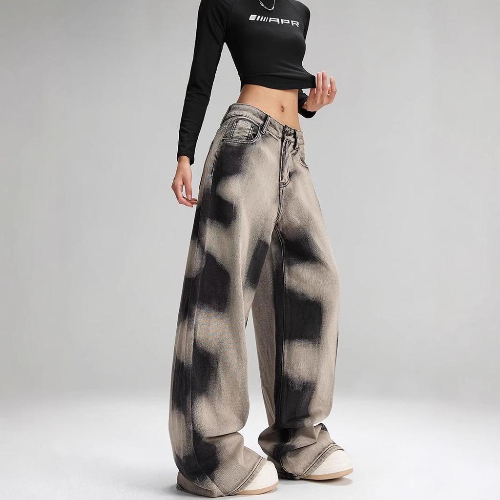 2025 Spring High Waist Wide Leg Retro Tie-Dye Distressed Women's Jeans