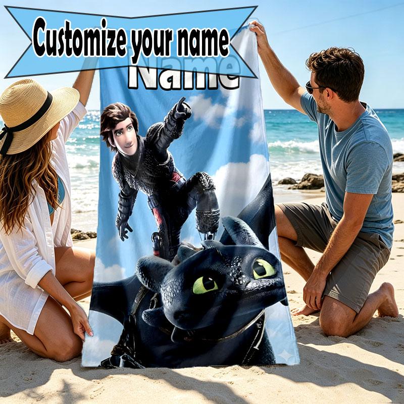 Custom Name Personalized How to Train Your Dragon Print Beach Towel, for Trip Camping Beach Party Home Decor, Birthday Gift for Family & Friends