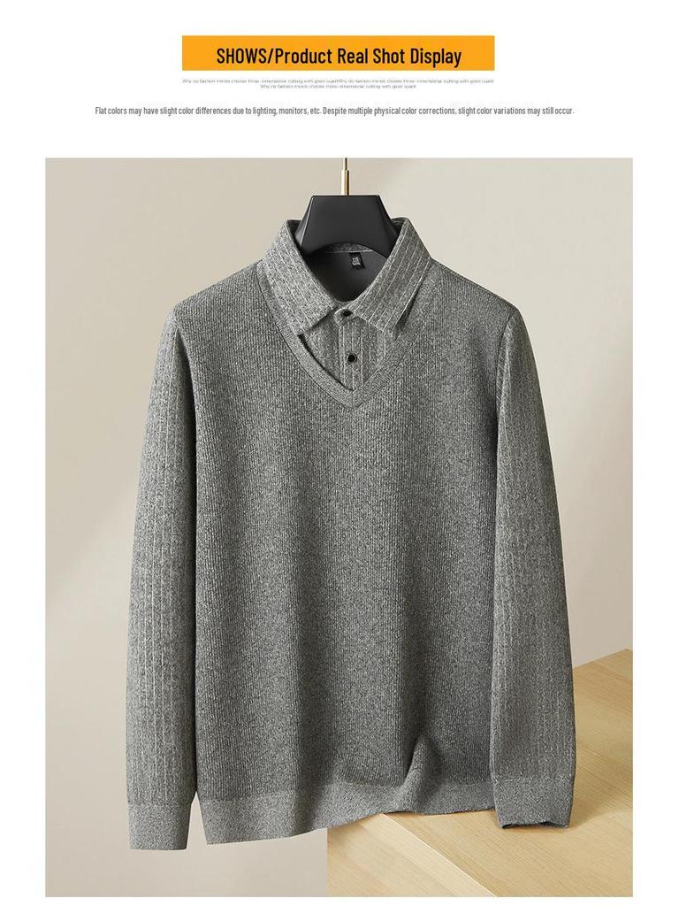 Fat Brother 2025 Men's Faux Two-Piece Long Sleeve Warm Sweater, Plus Size Loose Knitwear for Autumn/Winter