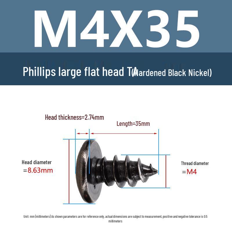 Yigu Black Nickel Hardened Phillips Flat Head Self-Tapping Screws M3-M5, Carbon Steel, Coarse Thread, Pointed Tail