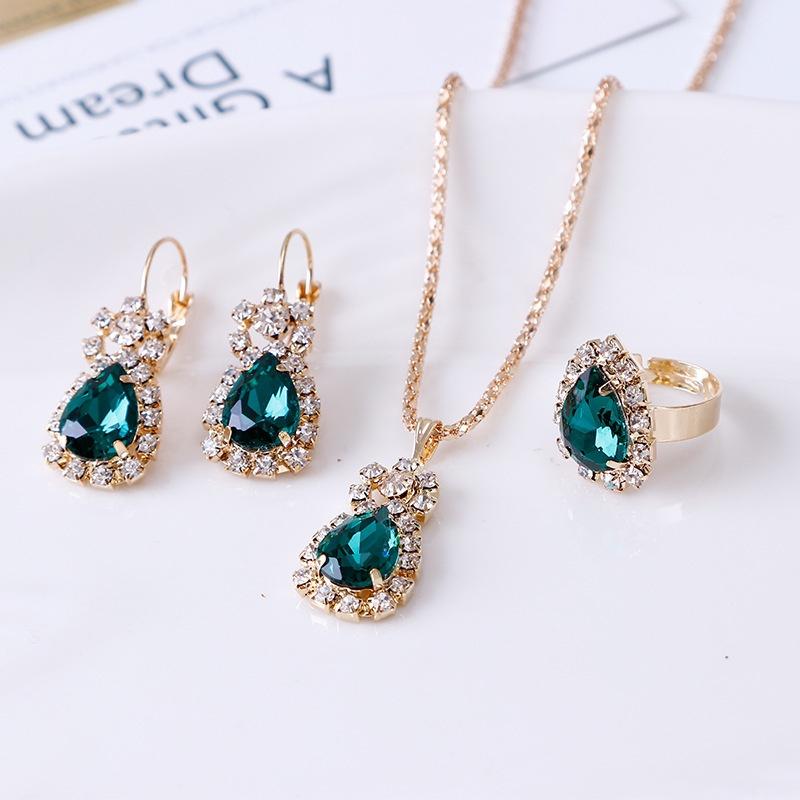 Wholesale Bridal Jewelry Set Ins Water Drop Rhinestone Necklace Earrings Ring Set