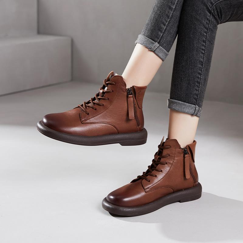 First-layer Cowhide Martin Boots Women's Autumn and Winter 2025 New Flat-bottomed Velvet Double Zipper Cowhide Women's Short Boots