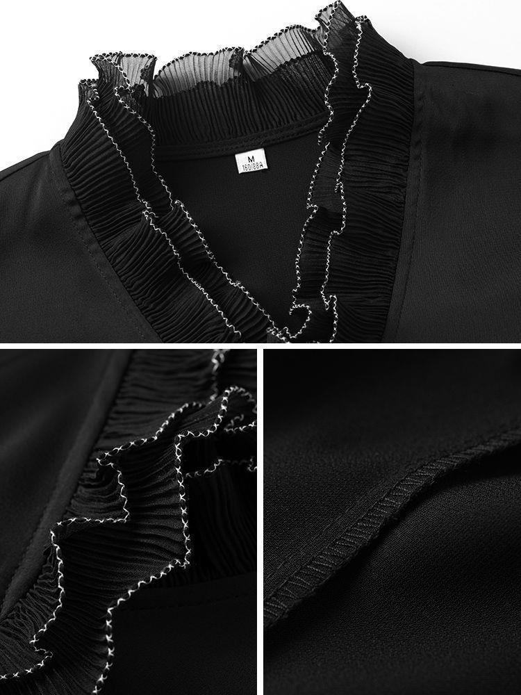 2025 Black Chiffon V-Neck Blouse: Women's Long Sleeve Loose Spring Shirt