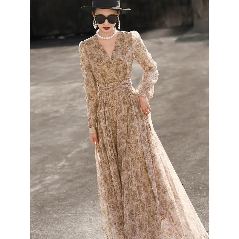 French Elegant V-neck Floral Maxi Dress S