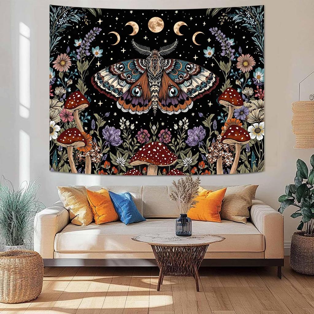 Hippie Witchy Moth Tapestry, Moon Mushroom Aesthetic Floral Wall Art, Mystic Moon Phase Decor For Living Room Bedroom Home