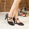 Damskie buty do tańca latynoamerykańskiego Salsa Tango Balowe Party Damskie wysokie obcasy Przyjazny dla skóry satynowy czarny Buty do tańca sportowego na zewnątrz