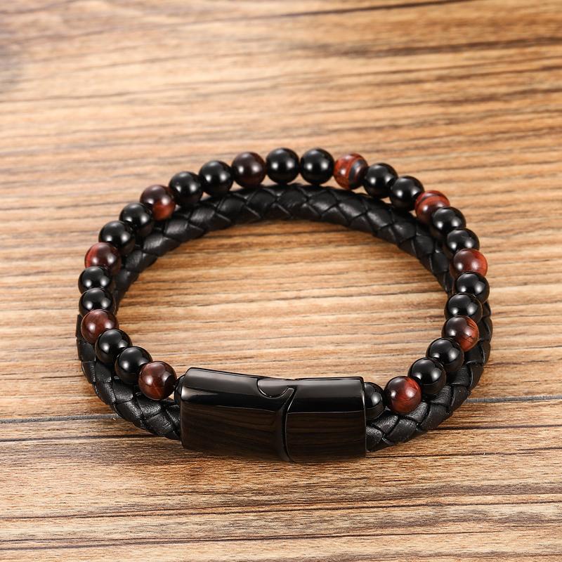 Men Bracelet Rope Stainless Steel Magnetic Natural Stone Leather Beaded Braclet Volcanic Stone bracelet bangles Chain Gift