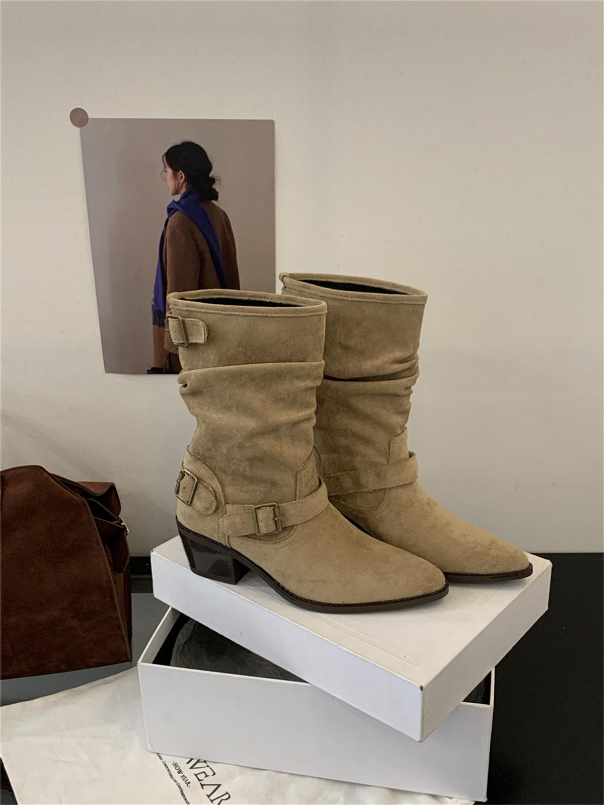 

Французские ретро квадратный носок толстый каблук короткие ботинки женские 2025 осень и зима новая пряжка ремень плиссированные ботинки-чулки универсальные тонкие ботинки 39 абрикосовый