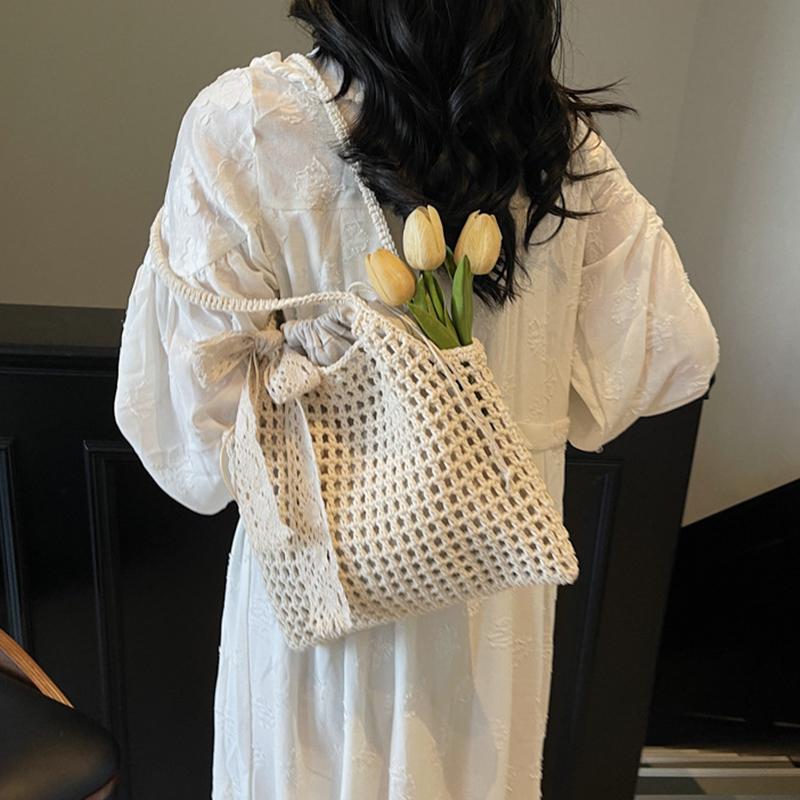 Natural Crochet Shoulder Bag for Women - Large Capacity Handwoven Beach Bag with Scarf, Summer Fashion Shopper Tote