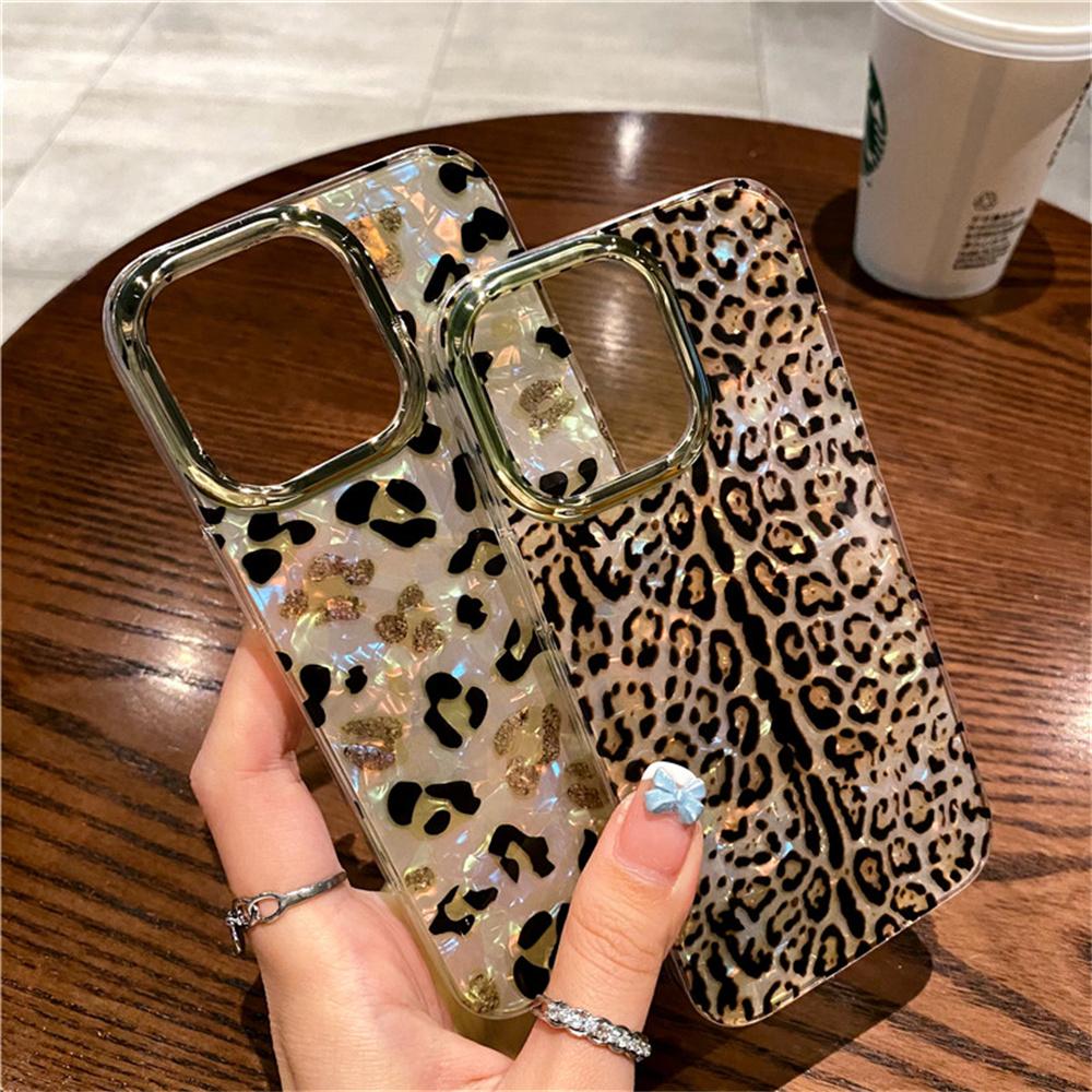 Luxury Leopard Aurora Shell Pattern Case For iPhone 16 15 14 13 12 11 Pro Max Plus Plating Camera Protection Shiny Cool Cover