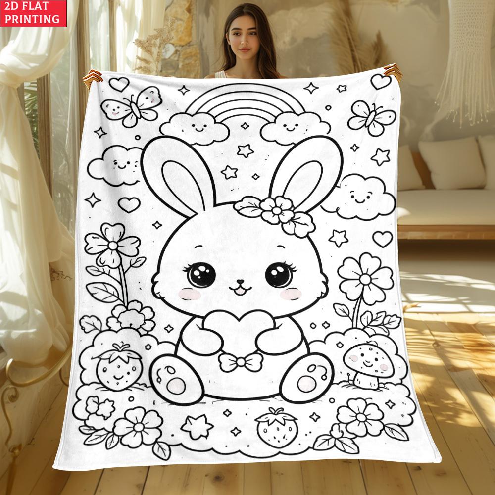 A Lightweight, Portable Blanket Featuring a Cute Coloring Rabbit Design, Perfect for Outdoor Use. Ideal for Travel, Camping, And