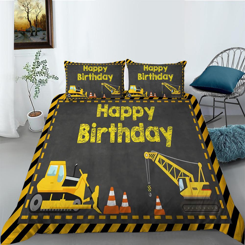 Baufahrzeug Bettbezug Mikrofaser Cartoon Baufahrzeug Druck Bettwäscheset Geschenk Alles Gute zum Geburtstag Muster Steppdeckenbezug
