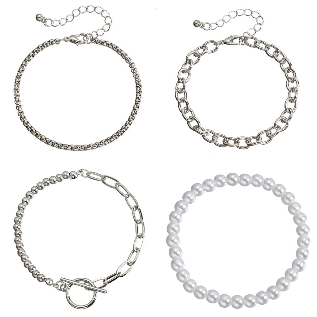 Accessories, Punk Simple Stacked Metal Chains Mixed And Matched Imitation Pearl Jewelry, Bracelet Set For Women