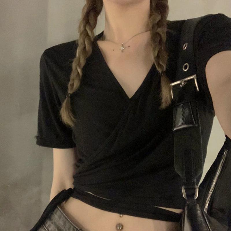 WTEMPO Ummer Casual Tees Women Solid V-neck Cropped Tops Cross Tie-Up Harajuku Basic Korean T-Shirts Streetwear