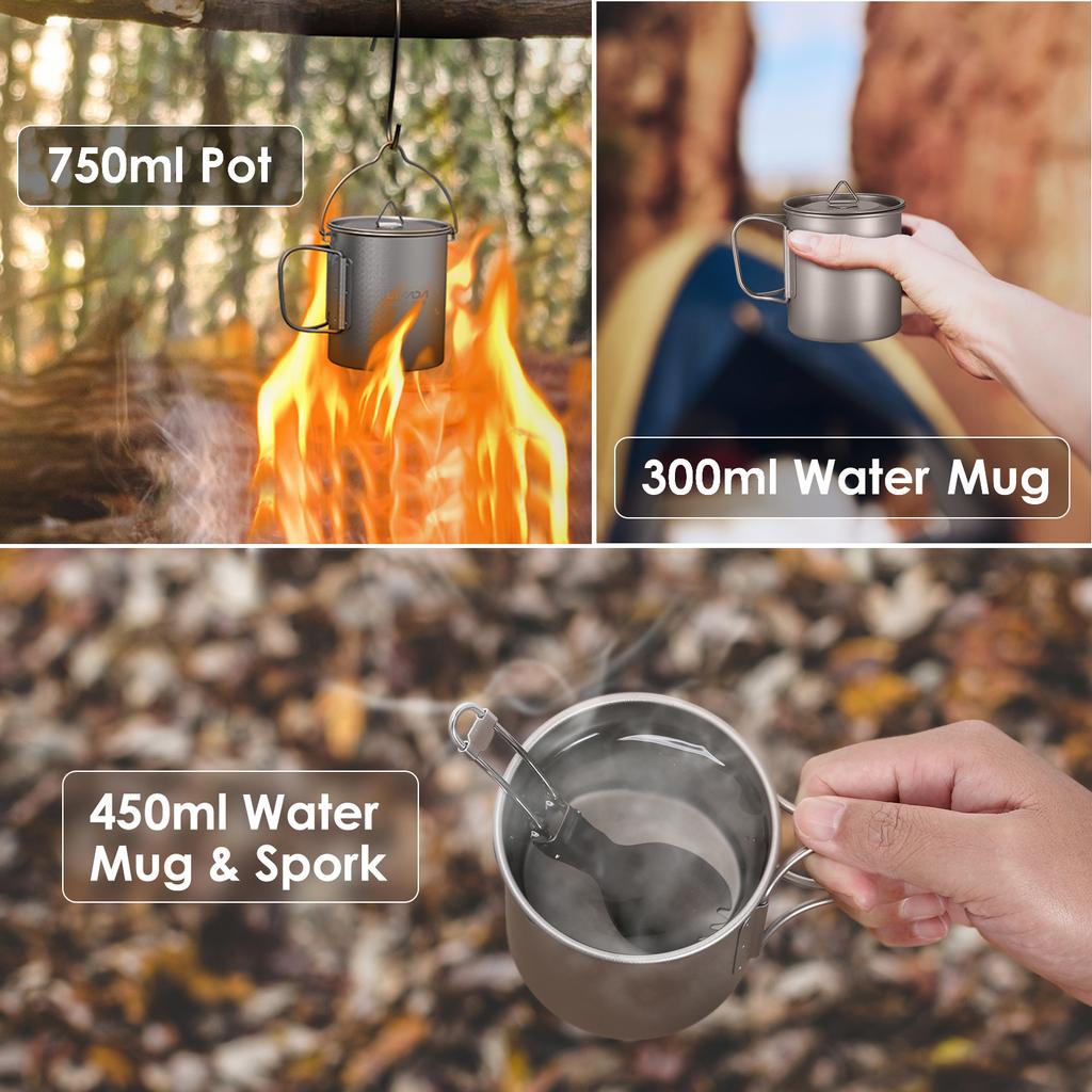 Lehká Ti 5dílná sada Ti 750ml hrnec 450ml a 350ml hrnek na vodu s víkem skládací rukojeť