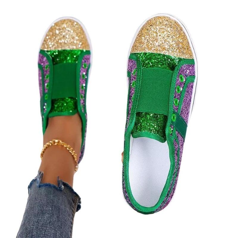 Spring and Autumn Large Size Sequined Board Shoes Flat Bottom Low Top Round Head Casual Women's Glitter Color Matching Women's Single Shoes