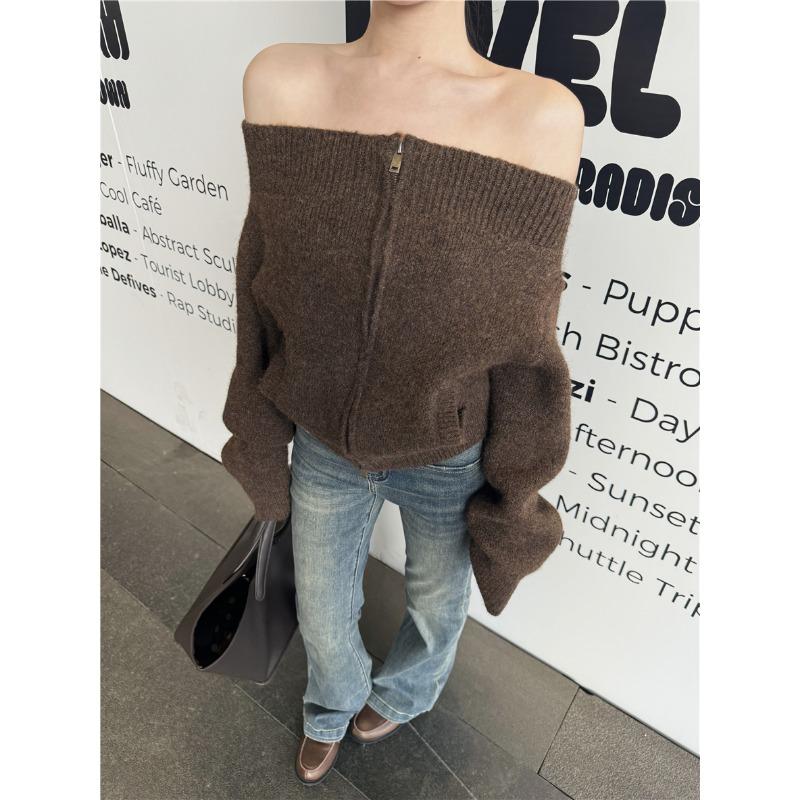 New Off-shoulder Elegant Long Sleeve Zipper Sweater Fashion Simple Autumn Women Cardigan Loose Knitwear Top Casual Sexy Slim Casual Knitted Clothes