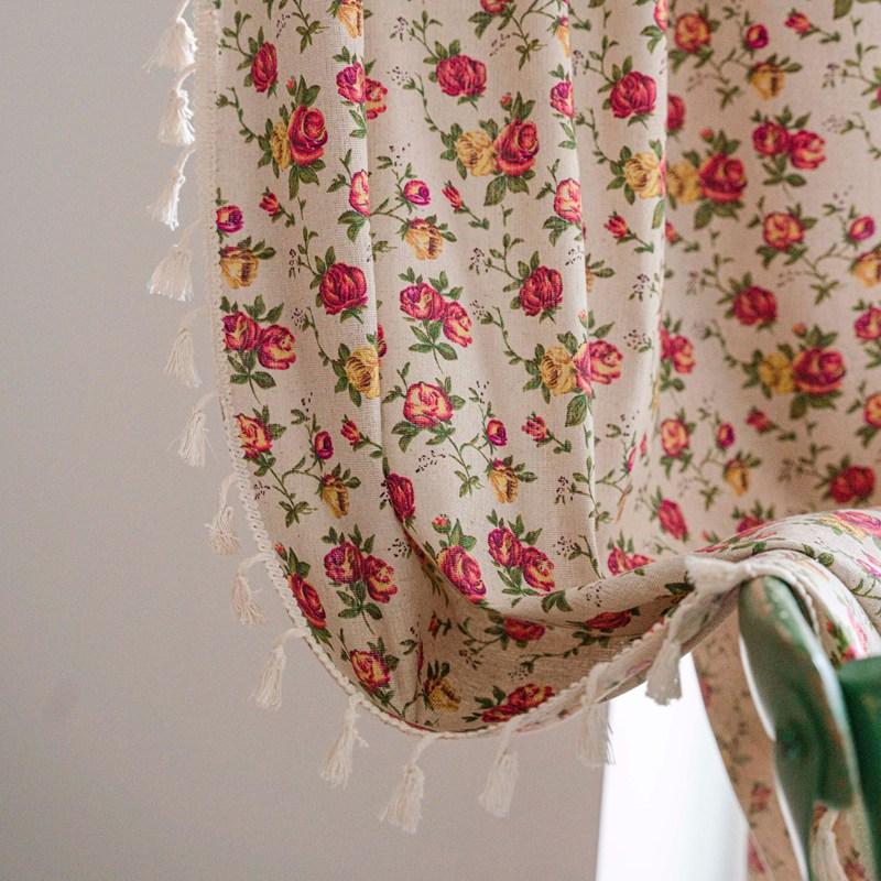 

Finished Curtain Small Fresh Cotton Linen Print Bedroom Curtain Beige Tassel Window Semi-blackout Bay Window Decoration Valance W150 x H60cm&Threading Rod