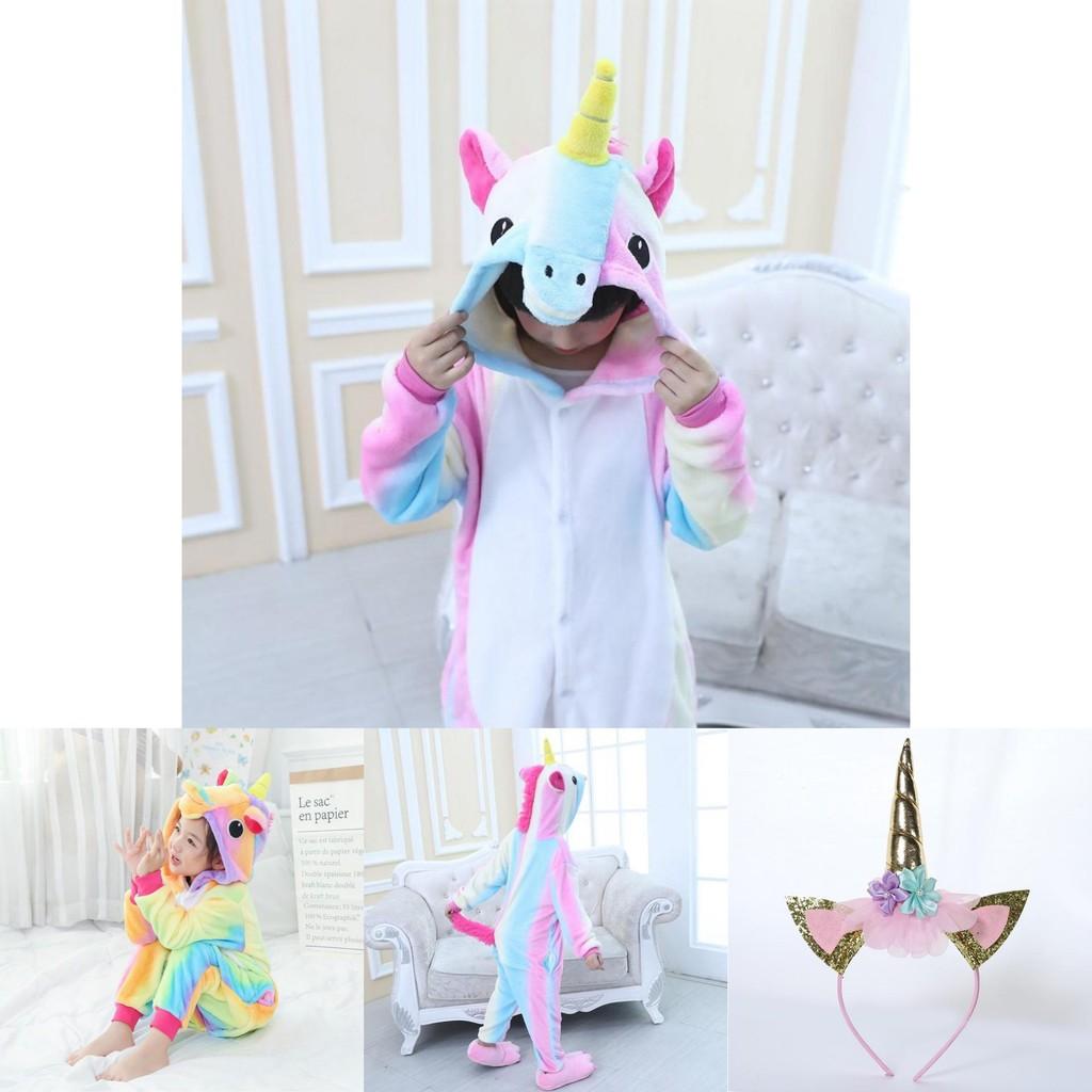 Fluffy Flannel Unicorn Hooded Pajamas Jumpsuit For Kids Winter