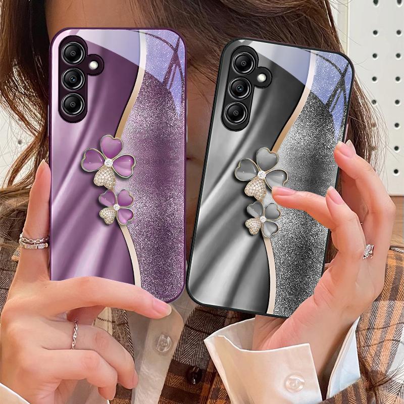 Luxury Four Leaf Clover For Samsung Galaxy A14 4G 20 30 52 20S 21S 22 A32 33 34 42 50 51 53 54 70 71 72 73 5G Glass Phone Case
