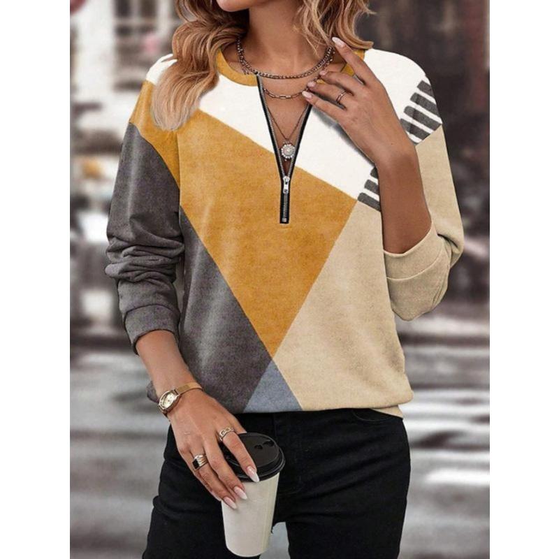 Women's Elegant Printed Zipper Long-sleeved Top, Stylish and Versatile for Autumn and Winter Casual and Office Wear, Machine Washable