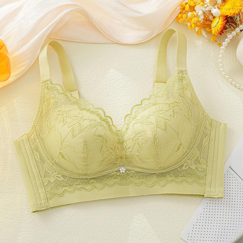 

Жіноча білизна для маленьких грудей збирає та показує великі товсті чашки у вигляді парового хліба для збору вторинних грудей, запобігає провисанню, мереживний бюстгальтер без кісточок в сумі 90B зелений