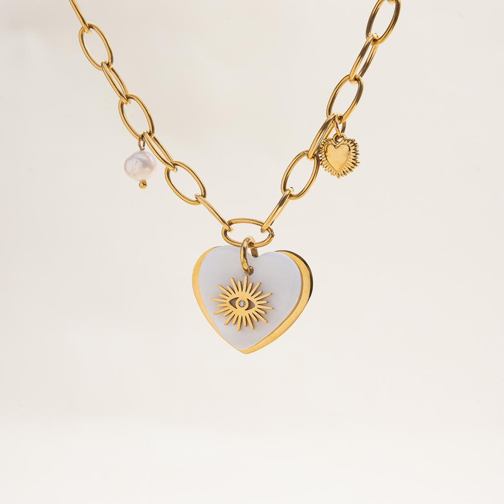 Neuer Eingang Süßwasserperlmutt Muschel Herz Böser Blick Anhänger Halskette 2025 Goldene Kette Modeschmuck PVD Beschichtet