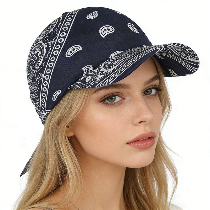 Conella Dames Kleurrijke Paisley Katoenen Hoofddoek Met Vizierrand Bandana Zonbescherming Lichtgewicht Ademend Zomer Buiten donkerblauwe kleur