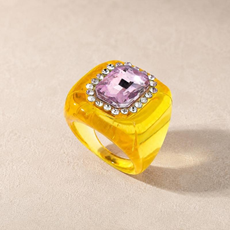 See-Through Resin Fashion Ring with Bold Square Profile, Raised Faceted Centerpiece and Accent Border for Outfit Styling