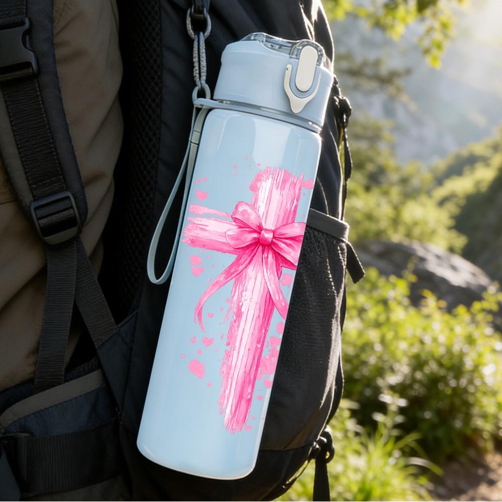 1PC Pink Gift Bow Love Text Art Print 750ml Color Plastic Sports Water Bottle Leakproof Flip Straw Lid Suitable for Sports Office Home Use